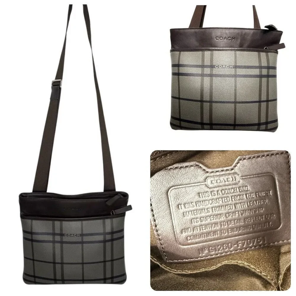 Coach Plaid Trans Atlantic Leather Messenger Bag F70751 Leather Trim, Crossbody,